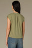 Basil Extended Shoulder Cap Sleeve Crochet Trip Button Front Pleated Back Mixed Media Stand Collar Woven Top
