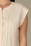 Ecru Extended Shoulder Cap Sleeve Crochet Trip Button Front Pleated Back Mixed Media Stand Collar Woven Top