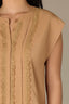 Golden Sugar Extended Shoulder Cap Sleeve Crochet Trip Button Front Pleated Back Mixed Media Stand Collar Woven Top