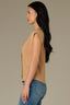 Golden Sugar Extended Shoulder Cap Sleeve Crochet Trip Button Front Pleated Back Mixed Media Stand Collar Woven Top