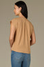 Golden Sugar Extended Shoulder Cap Sleeve Crochet Trip Button Front Pleated Back Mixed Media Stand Collar Woven Top