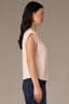Pale Peach Extended Shoulder Cap Sleeve Crochet Trip Button Front Pleated Back Mixed Media Stand Collar Woven Top