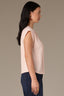Pale Peach Extended Shoulder Cap Sleeve Hidden Button Down Placket Crochet Trim Pleated Back Yoke Round Stand Collar Mixed Media Petite Woven Top