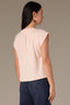 Pale Peach Extended Shoulder Cap Sleeve Crochet Trip Button Front Pleated Back Mixed Media Stand Collar Woven Top
