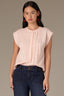 Pale Peach Extended Shoulder Cap Sleeve Crochet Trip Button Front Pleated Back Mixed Media Stand Collar Woven Top