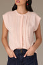 Pale Peach Extended Shoulder Cap Sleeve Crochet Trip Button Front Pleated Back Mixed Media Stand Collar Woven Top