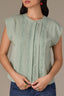 Vintage Jade Extended Shoulder Cap Sleeve Crochet Trip Button Front Pleated Back Mixed Media Stand Collar Woven Top