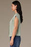 Vintage Jade Extended Shoulder Cap Sleeve Crochet Trip Button Front Pleated Back Mixed Media Stand Collar Woven Top