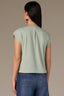 Vintage Jade Extended Shoulder Cap Sleeve Crochet Trip Button Front Pleated Back Mixed Media Stand Collar Woven Top
