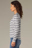 Heather Grey Navy Long Puff Sleeve Scoop Neck Stripe Blocked Print Knit Top