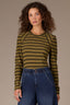 Olive Black Long Puff Sleeve Scoop Neck Stripe Blocked Print Knit Top