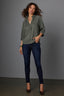 Grape Leaf Three Quarter Raglan Sleeve Half Button Down Placket Pleated Stand Collar Woven Top