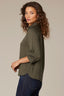 Grape Leaf Three Quarter Raglan Sleeve Half Button Down Placket Pleated Stand Collar Woven Top