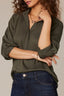 Grape Leaf Three Quarter Raglan Sleeve Half Button Down Placket Pleated Stand Collar Woven Top