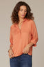 Toasted Pumpkin Three Quarter Raglan Sleeve Half Button Down Placket Pleated Stand Collar Woven Top