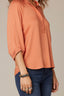 Toasted Pumpkin Three Quarter Raglan Sleeve Half Button Down Placket Pleated Stand Collar Woven Top