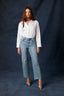 Light Blue Artisanal Denim Contour Shape Technology Skyrise Rhinestone Raw Hem Strings V-Yoke Bennett Barely Boot Jean