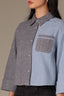 Black Blue Long Cuffed Sleeve Collared Neck Button Down Front Two Tone Single Breast Pocket Pleated Cropped Hem Woven Jacket