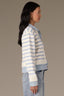 Off White Chambray Blue Long Sleeve Button Front Collar Neck Mixed Media Striped Jacket