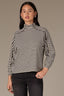 Black Off White Stripe Three Quarter Dolman Sleeve Mock Neck Stripe Print Hi-Low Hem Knit Top