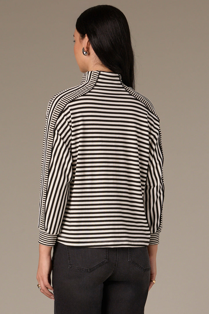 Mixed Print Short Dolman Sleeve Top with Split Neckline