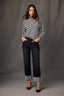Black Off White Stripe Three Quarter Dolman Sleeve Mock Neck Stripe Print Hi-Low Hem Knit Top