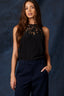 Black Sleeveless Round Neck Lace Yoke Petite Woven Tank Top