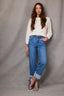 Mid Blue Denim High Rise Reverse Self Panel Fixed Cuff Round Up Back Yoke Contour Shape Technology Boyfriend Jean