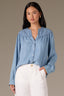 Light Blue Long Cuff Band Sleeve Quilted Yoke Pleated Button Down Round Split V-Neck Woven Top