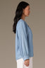 Light Blue Long Cuff Band Sleeve Quilted Yoke Pleated Button Down Round Split V-Neck Woven Top