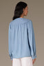 Light Blue Long Cuff Band Sleeve Quilted Yoke Pleated Button Down Round Split V-Neck Woven Top