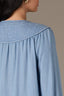 Light Blue Long Cuff Band Sleeve Quilted Yoke Pleated Button Down Round Split V-Neck Woven Top