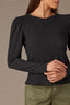 Black Multi Long Puff Sleeve Crew Neck Embroidered Speckled Thermal Knit Top