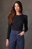 Black Multi Long Puff Sleeve Crew Neck Embroidered Speckled Thermal Knit Top