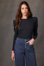 Black Multi Long Puff Sleeve Crew Neck Embroidered Speckled Thermal Knit Top