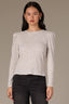 Heather Off White Long Puff Sleeve Crew Neck Embroidered Speckled Thermal Knit Top