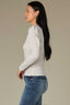 Heather Off White Long Puff Sleeve Crew Neck Embroidered Speckled Thermal Knit Top