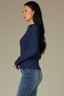 Navy Multi Long Puff Sleeve Crew Neck Embroidered Speckled Thermal Knit Top