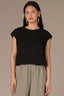 Black Extended Double Pleated Shoulder Sleeve Scoop Neck Embroidered Logo Cased Bubble Hem Knit Top