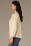 Buttercream Three Quarter Cuffed Blouson Button Sleeve Double Ruffle Shoulder Round Split Neck Button Down Front Smocked Yoke Woven Top