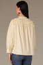 Buttercream Three Quarter Cuffed Blouson Button Sleeve Double Ruffle Shoulder Round Split Neck Button Down Front Smocked Yoke Woven Top