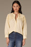 Buttercream Three Quarter Cuffed Blouson Button Sleeve Double Ruffle Shoulder Round Split Neck Button Down Front Smocked Yoke Woven Top