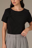 Black Short Sleeve Scoop Neck Raw Edge Detailing Twist Front Knit Top