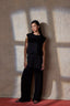 Black Skyrise Pull On Paper Bag Waist Drawstring Paneling Slit Hem V-Yoke Wide Leg Pant