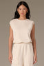 Blanched Almond Sleeveless Pleated Drop Shoulder Studded Round Neck Bubble Hem Knit Top