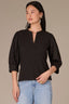 Black Three Quarter Puff Drop Shoulder Sleeve Mandarin Collar Split V-Placket Mixed Media Knit Top