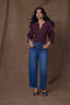 Three Quarter Puff Sleeve Mandarin Collar V-Neck Mixed Media Knit Top
