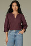 Fig Jam Three Quarter Puff Sleeve Cuff Mandarin Collar Slit V-Neck Half Placket Shirttail Hem Mixed Media Knit Top
