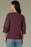 Fig Jam Three Quarter Puff Sleeve Cuff Mandarin Collar Slit V-Neck Half Placket Shirttail Hem Mixed Media Knit Top