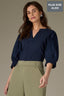 Navy Three Quarter Puff Drop Shoulder Sleeve Mandarin Collar Split V-Placket Mixed Media Plus Size Knit Top